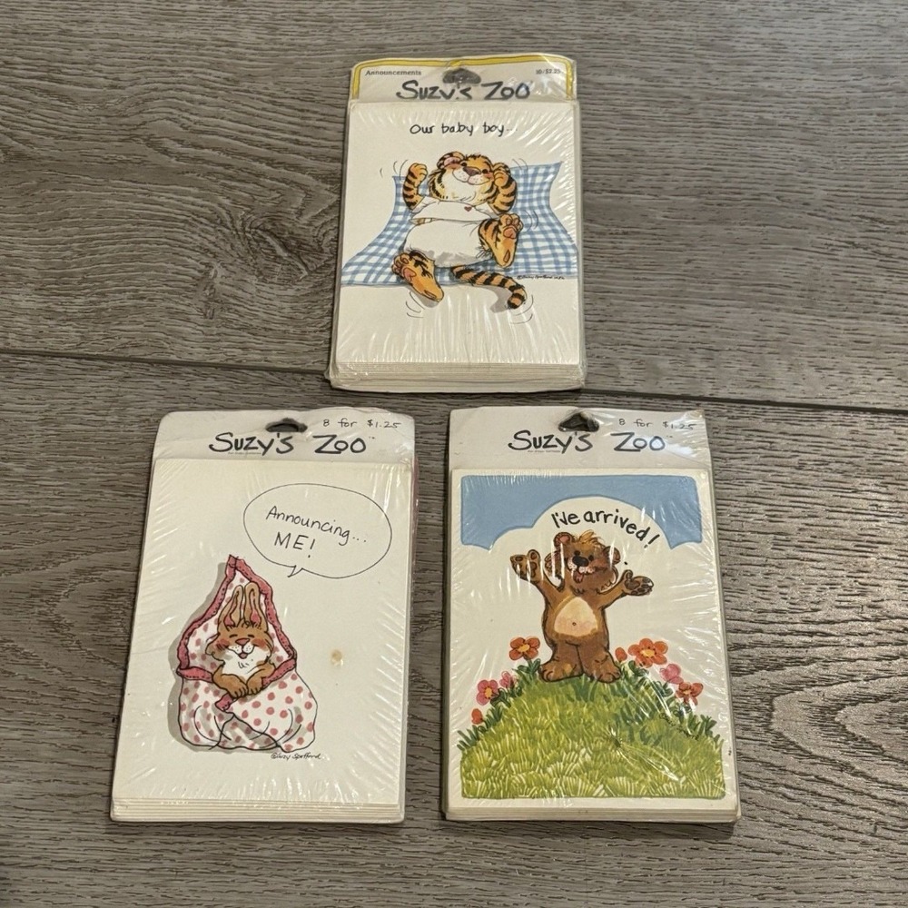 Suzy's Zoo birth announcements w/ envelopes 3 Packs Boy New Old Stocks Sealed